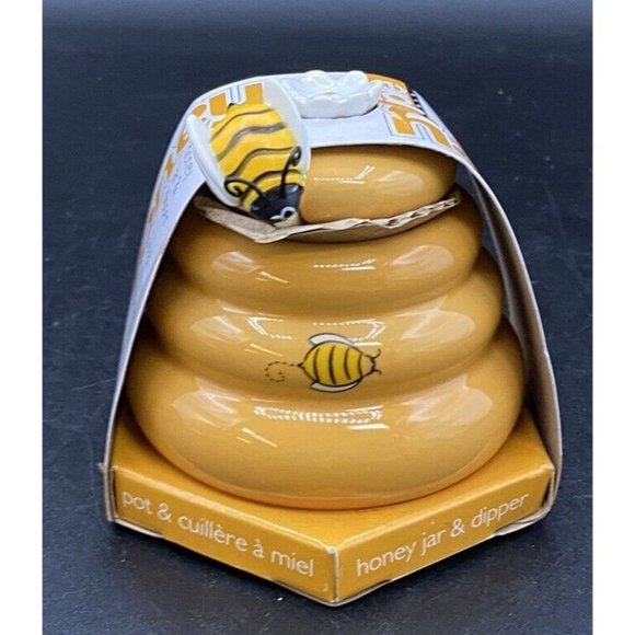 Mini Honey Pot Ceramic Jar & Wood Dipper Joie MSC Beehive with Bee 2002 BPA free - Picture 10 of 11